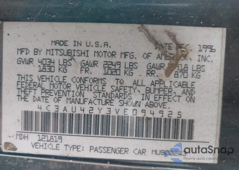 1997 Chrysler Sebring Lx из США, поврежденный, VIN 4C3AU42Y3VE094925